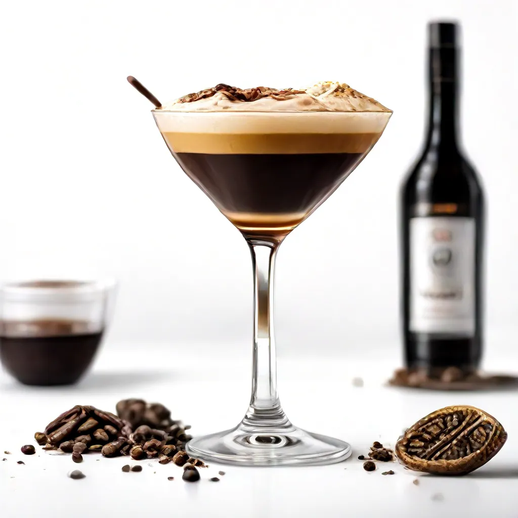 A glass of espresso martini garnished with fresh coffee beans.