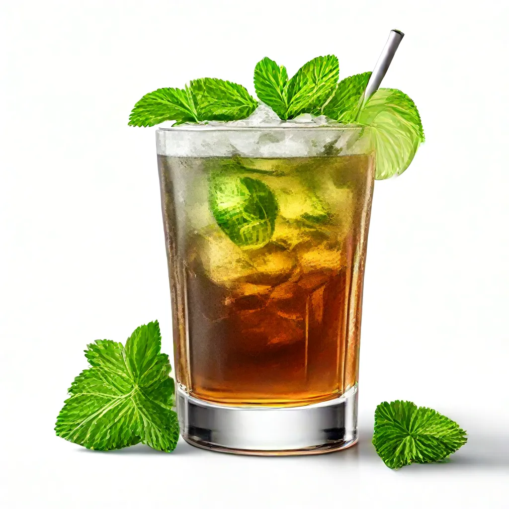 A glass of iced tea garnished with fresh mint leaves.