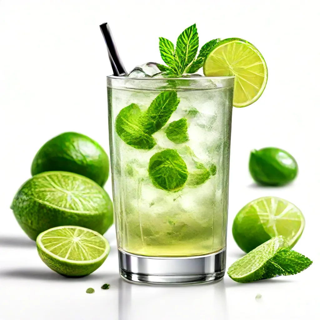 A glass of mojito garnished with fresh limes slices.