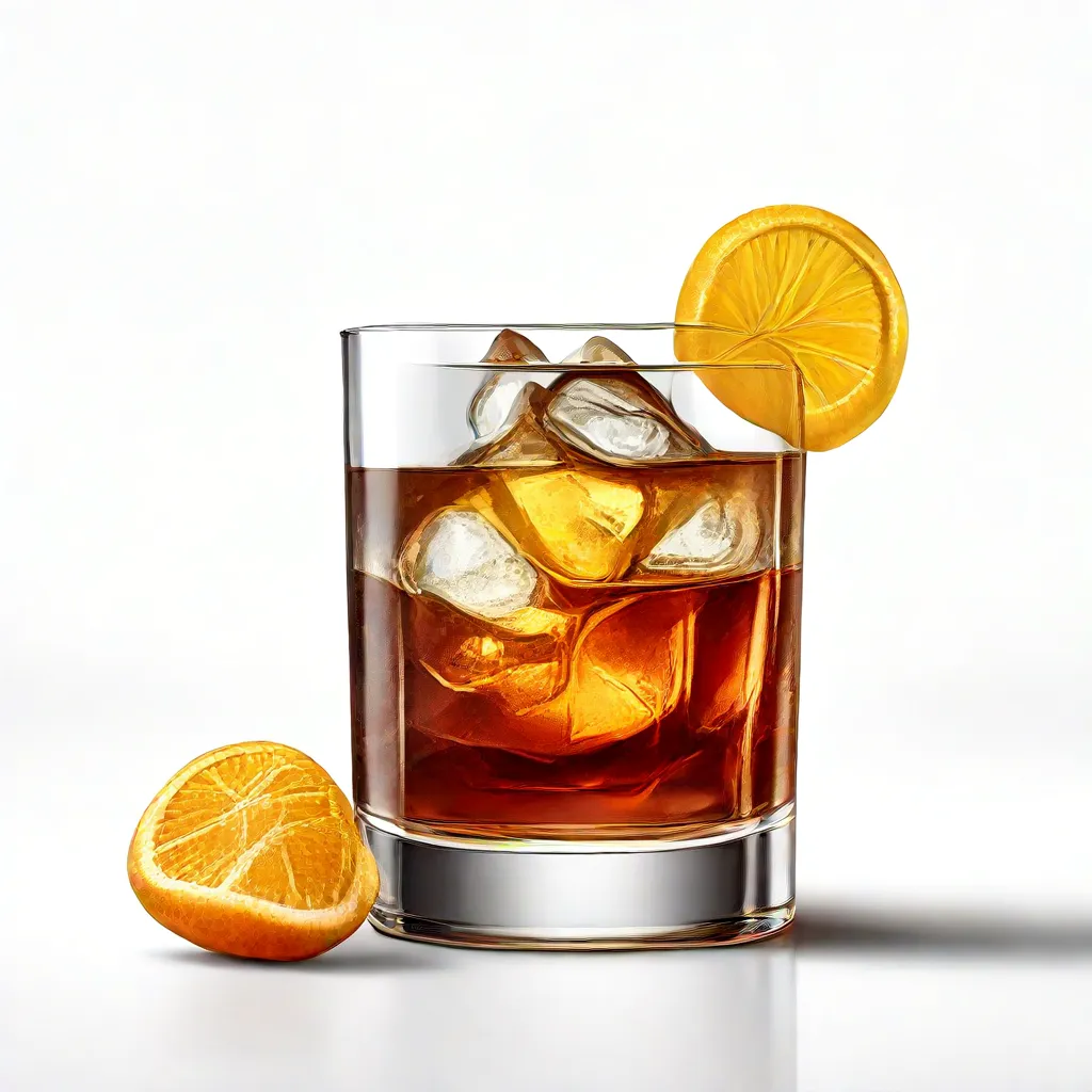 A glass of old fashioned garnished with fresh orange slices.