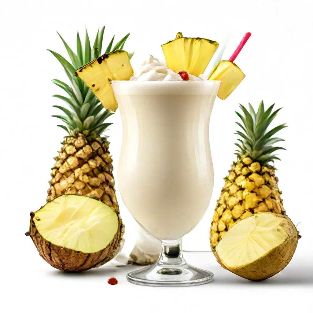 A glass of pina colada garnished with fresh pineapple.